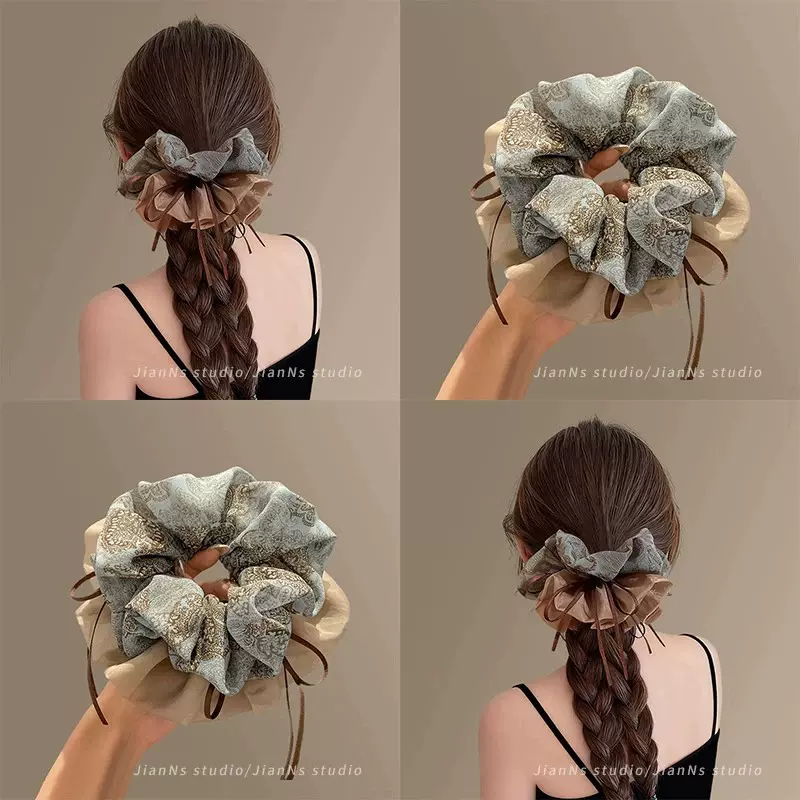 高级感复古碎花飘带大肠发圈女扎马尾丸子头大号皮筋时尚百搭发饰