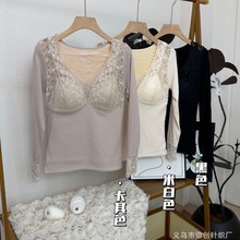 加厚-秋冬一体绒长袖蕾丝V领加绒袖口蕾丝设计超经典防寒上衣6525