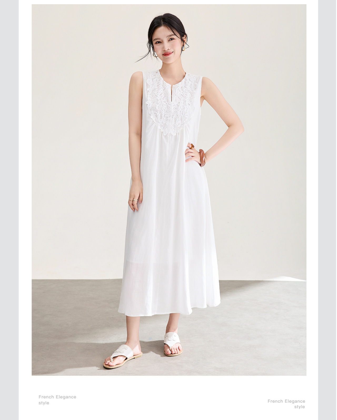 Đầm maxi nữ dáng suông không tay chất liệu tencel phối ren jacquard thêu họa tiết — màu trắng chi tiết 8