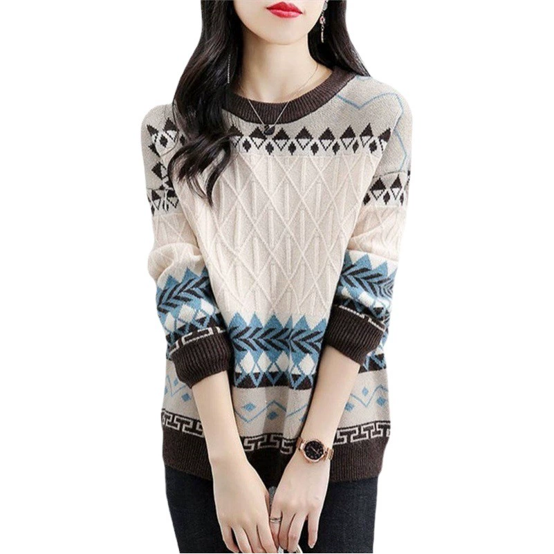 Винтажный жаккардовый свитер с круглым вырезом, женский осенне-зимний Новый универсальный Свободный пуловер в корейском этническом стиле 2022, модный свитер