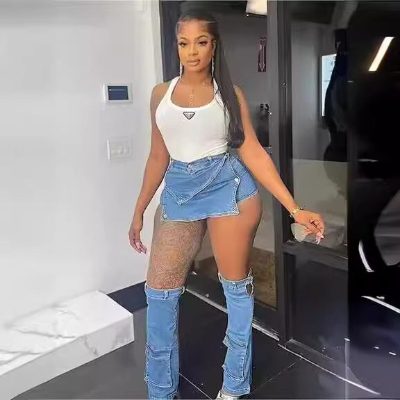 Cross-border New Fashion European and American Sexy Tight Women's Clothing Street Trendy Solid Color Elastic Button Denim Pants Skirt