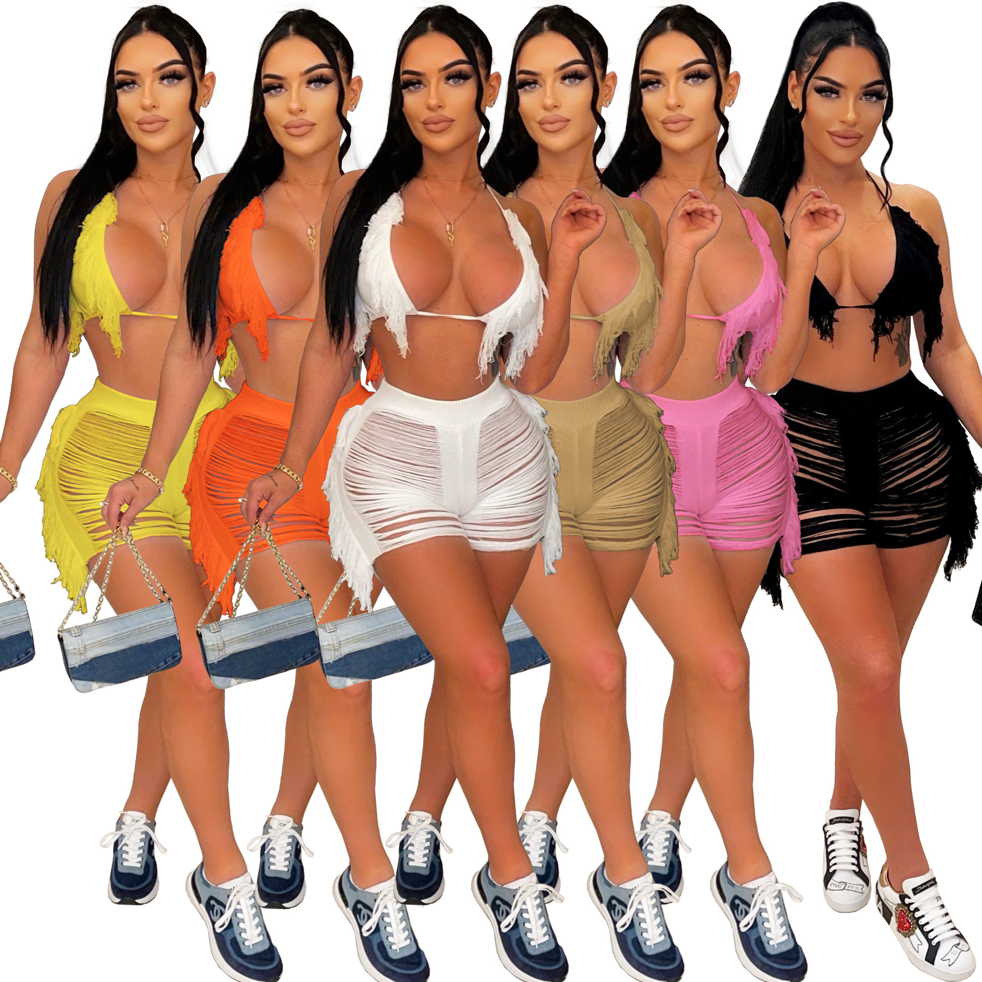 191g Weight Sleeveless Sleeve Length Polyacrylonitrile Fiber Fabric Type Shorts Co-ord Set Sets Type Holiday Women'S Sexy Solid Color Polyacrylonitrile Fiber Tassel Hollow Out Shorts Co-ord Set Shorts Sets