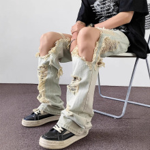 美式高街vibe裤子膝盖大破洞牛仔裤男夏天薄款黄泥色乞丐风直筒裤