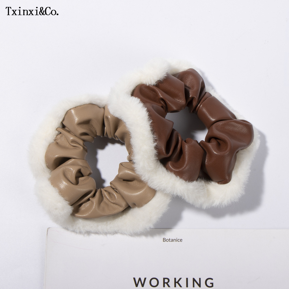Large bowel scrunchie plush PU leather pleated scrunchie women's brown corset hair ponytail headwear_voghion.com