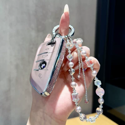 5 Series 530li, X1, X2, X3, Car key bag - bmw-a-series-side-drilled-pink-crystal-with-a-pink-butterfly-pendant