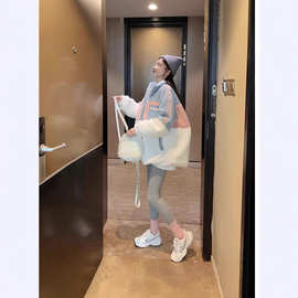 2024年港风仿羊羔绒拉链外套女韩版宽松撞色立领长袖上衣外套