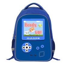 蓝色掌上游戏机书包 双层大容量反光背包 17寸双肩包男孩包跨境