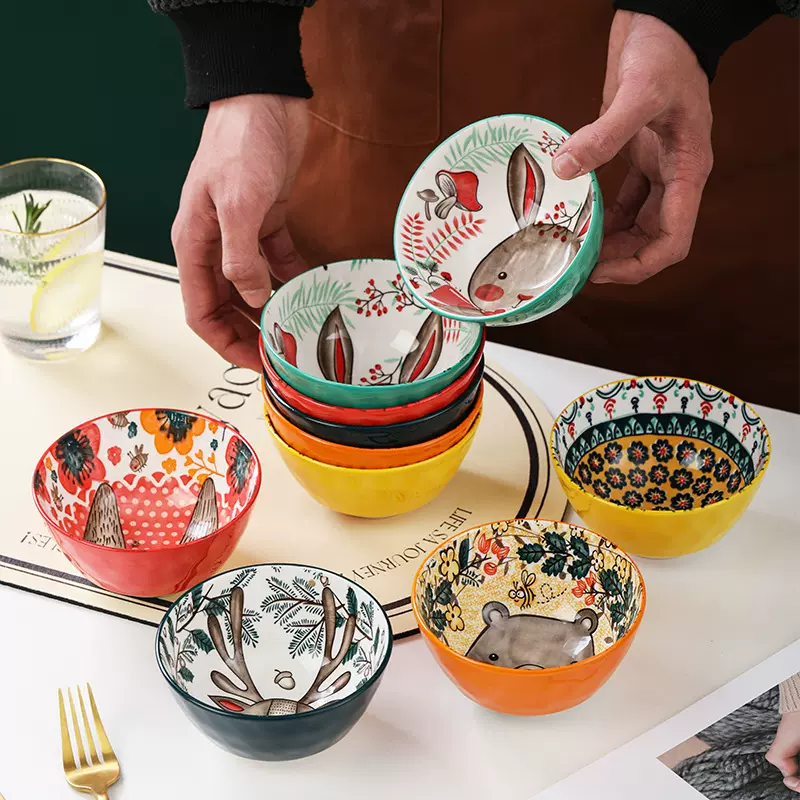森系动物卡通4.75寸石纹陶瓷碗可爱饭碗家用餐具小碗萌趣长耳兔