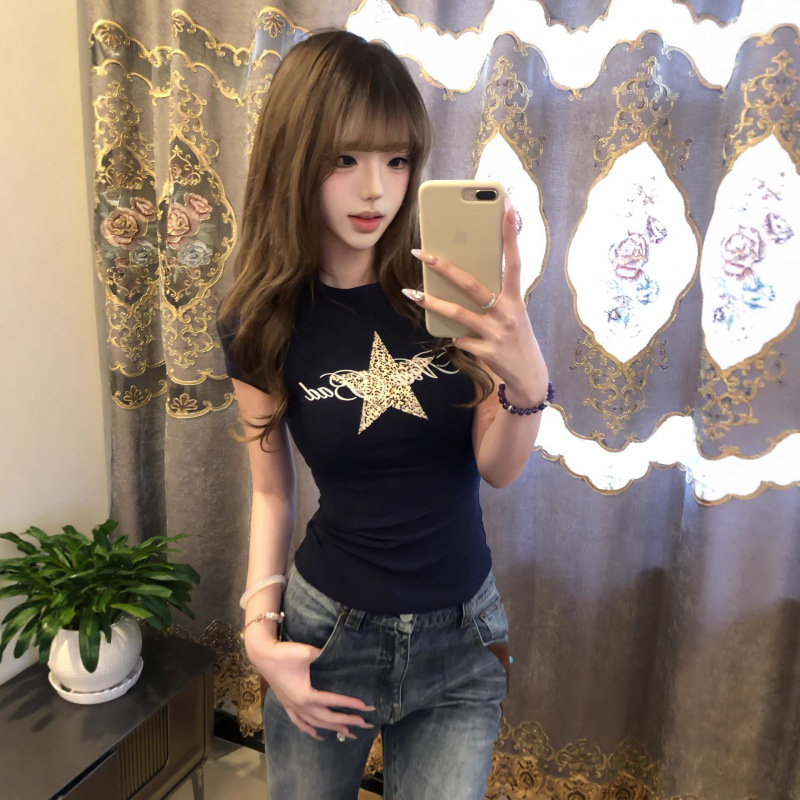 American-Style Spicy Girl Five-Pointed Star Leopard Print Embroidered Short-Sleeve T-Shirt for Women, Summer Sweet and Cool High Street Slim-Fit Flattering Top American-Style Spicy Girl Five-Pointed Star Leopard Print Embroidered Short-Sleeve T-Shirt for Women, Summer Sweet and Cool High Street Slim-Fit Flattering Top
