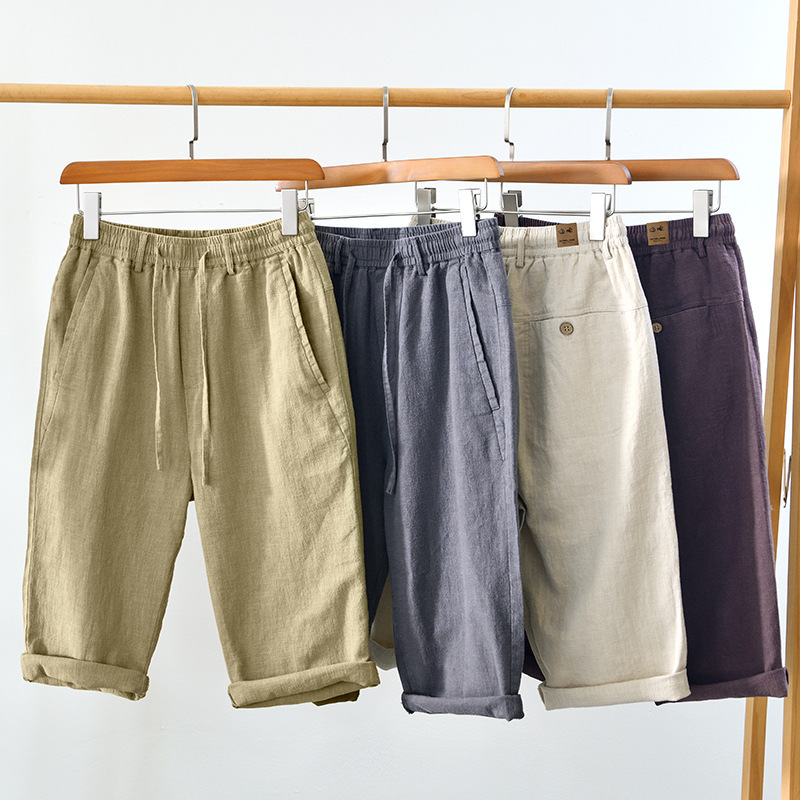 L8238 Retro Elastic Waist Ramie Straight Cotton and Linen Casual Pants Versatile Loose Cropped Pants for Men One Piece Drop Shipping