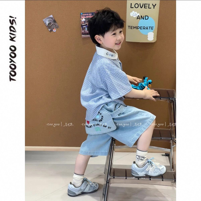 男の子韓国風チェック柄半袖シャツトレンディクールグラフィティバットカーテンデニム5点パンツ2025新作2点セット|undefined