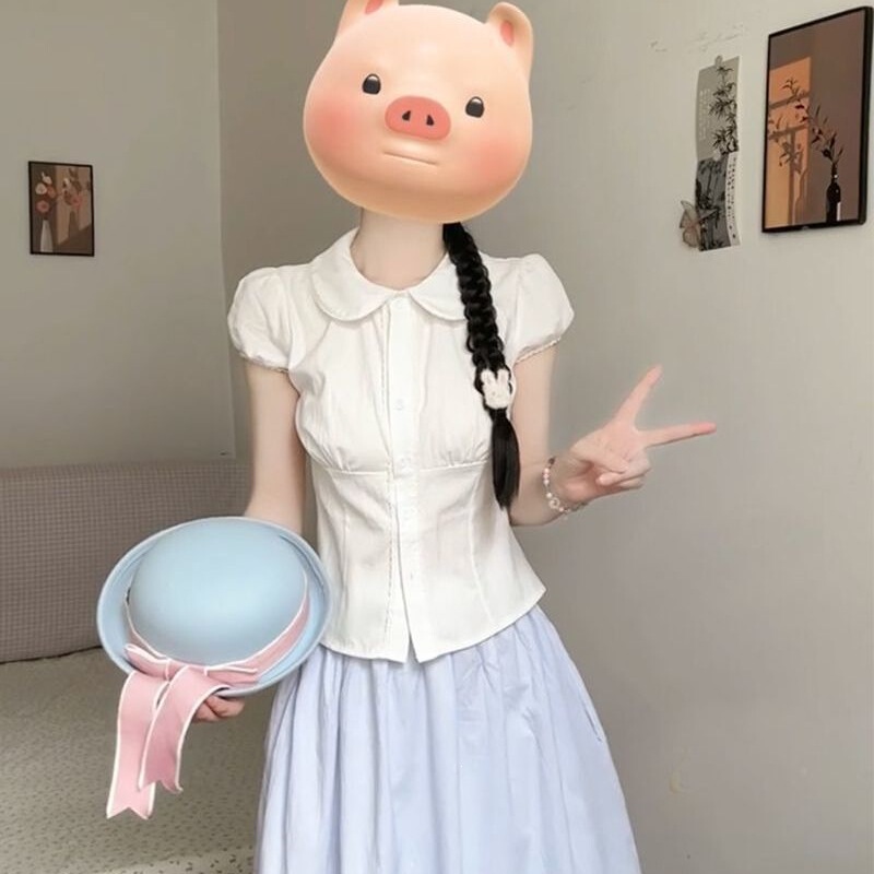 Doll-Style College-Style Short Waist-Cinching Shirt, New Summer Design, White Lace Top, Short-Sleeved, Sweet and Cute
