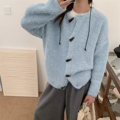 韩系慵懒风牛角扣圈圈纱针织外套女秋冬新款软糯圆领长袖毛衣开衫