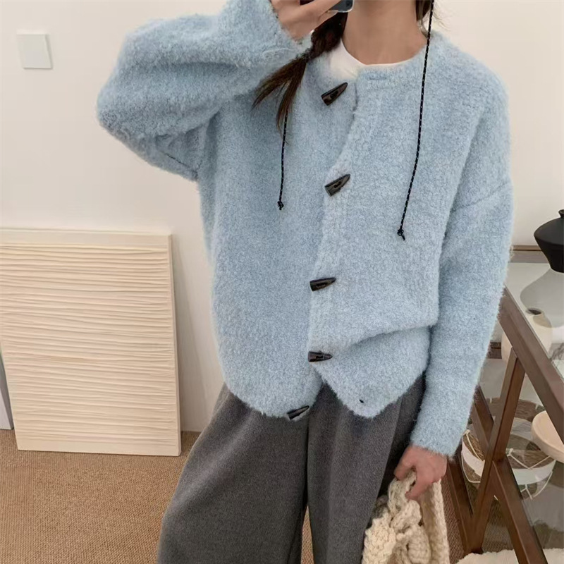 韩系慵懒风牛角扣圈圈纱针织外套女秋冬新款软糯圆领长袖毛衣开衫|undefined