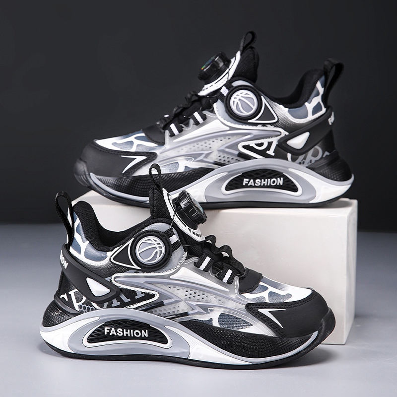 Zapatos de baloncesto para niños Zapatos para correr con botones para niños de mediana edad Primavera y otoño Nuevos zapatos deportivos de cuero impermeables para niños