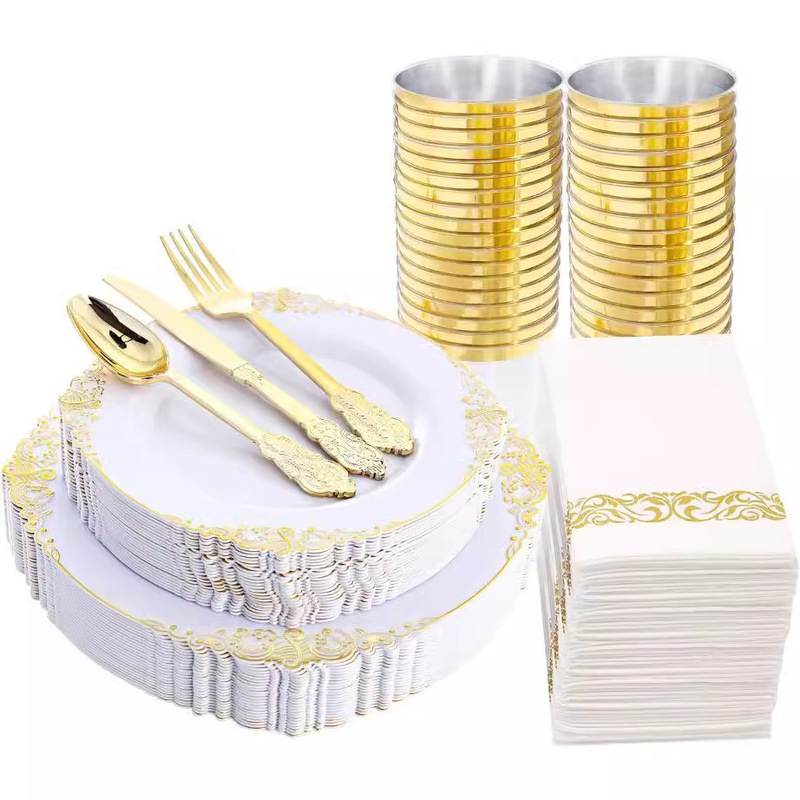 175 plastic tableware dragon pattern transparent gold rim relief plate wine glass knife fork spoon PS hard plastic gold dust-free paper set