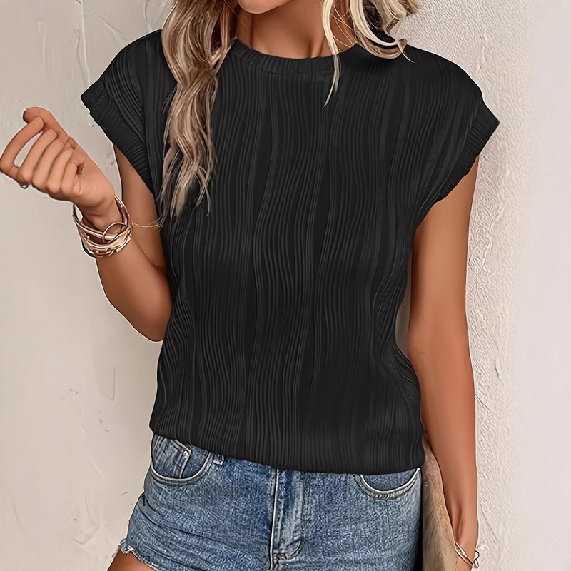 Amazon Hot Selling 2024 Spring and Summer European and American New Round Neck Short Sleeve Textured T-shirt Top Women's Cross-border Foreign Trade Women's Clothing