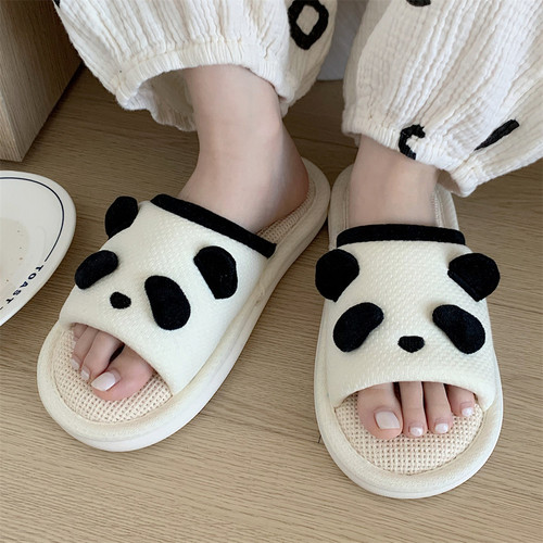 Japanese ins cute cartoon panda four-season universal linen slippers for women soft-soled home casual floor cotton and linen shoes