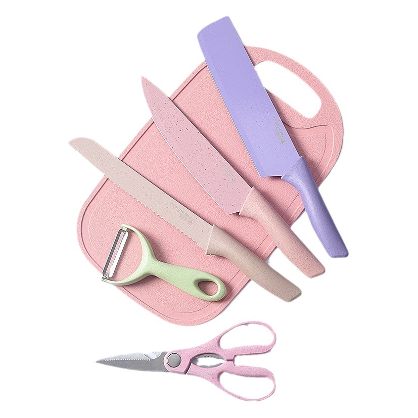 Macaron color traje de cuchillo de cocina de acero inoxidable cuchillo de cocina del hogar paja de trigo traje de cuchillo de chef de 7 piezas
