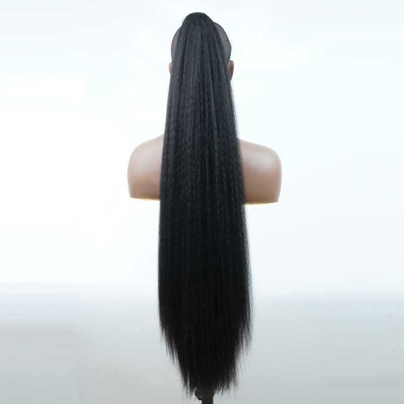 Perruque noire africaine transfrontalière européenne et américaine, 34 pouces, clip yaki droit en fibre chimique, queue de cheval tressée, vente en gros_voghion.com