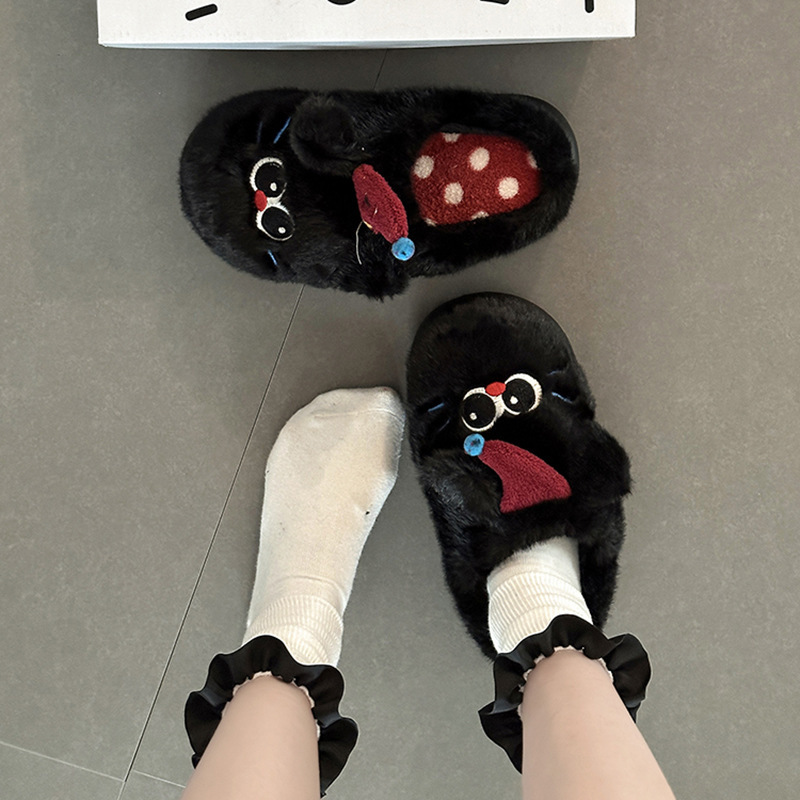 波点猫咪休闲毛毛鞋女款秋冬季可爱卡通外穿少女居家厚底棉拖鞋潮|undefined