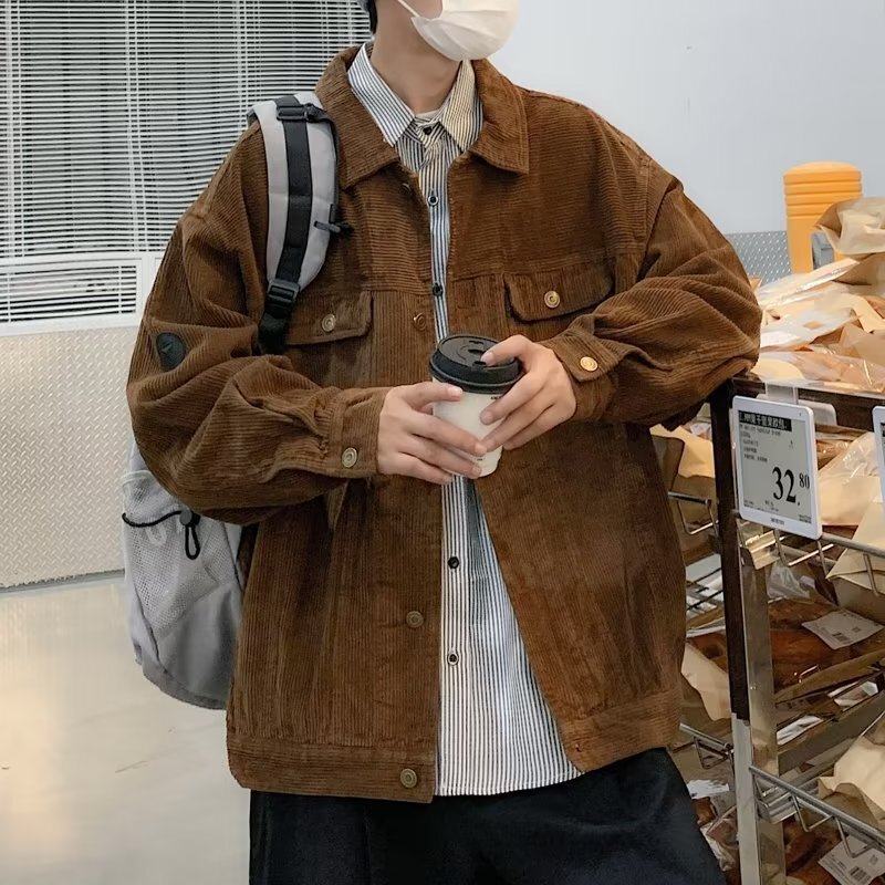 Brown American Corduroy Jacket Men's Autumn Loose Solid Color Casual Jacket Trendy Brand Retro Texture Work Top
