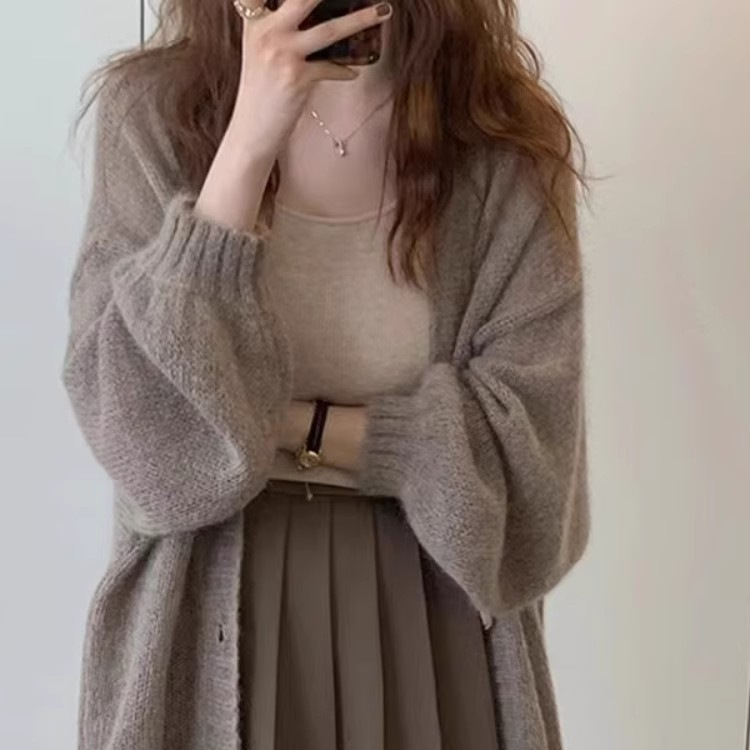 复古灯笼袖马海毛针织开衫薄款外套女2025新款慵懒风毛衣宽松上衣|undefined