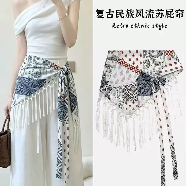 Triangular belt scarf 2026 new model, retro and stylish, color-blocked with tassels, ethnic style, layered, Korean version, spring and summer