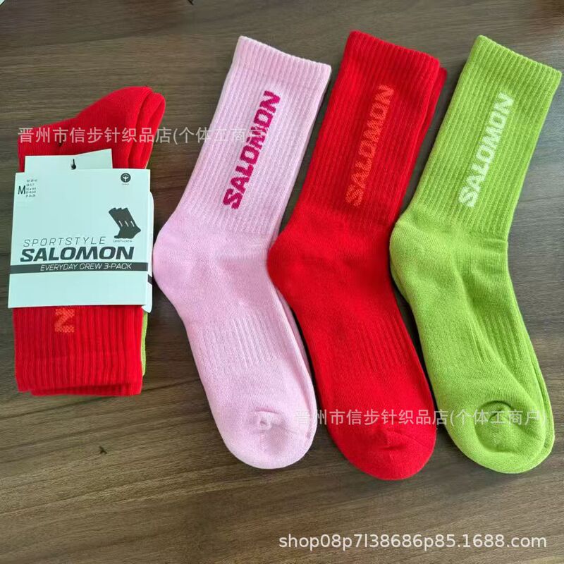 Salomon Outdoor Sports Socks Towel-Soled Cotton Socks Lettered Mid-High Socks for Men and Women Couple Socks