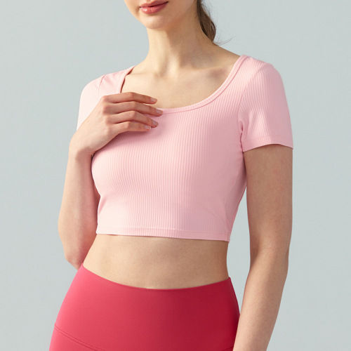 Women's Yoga Short-Sleeve Top with Bra Cup, Square Collar, Sexy Backless, Short-Sleeve Exercise T-Shirt, Running Fitness Top, Spring and Summer New Arrival