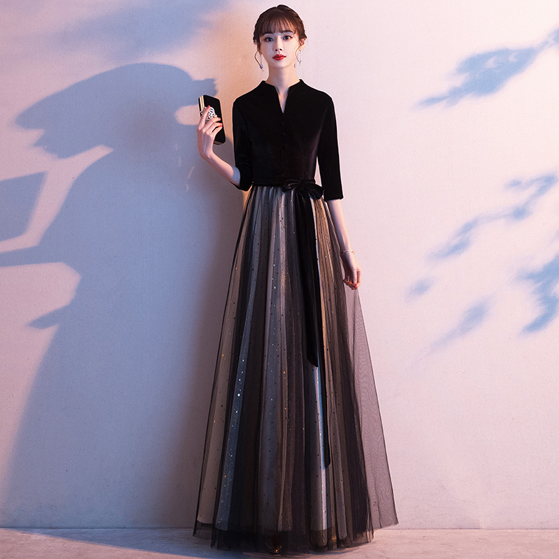 Women's evening dress, 2026 new style, elegant black long dress for banquets and annual meetings.
