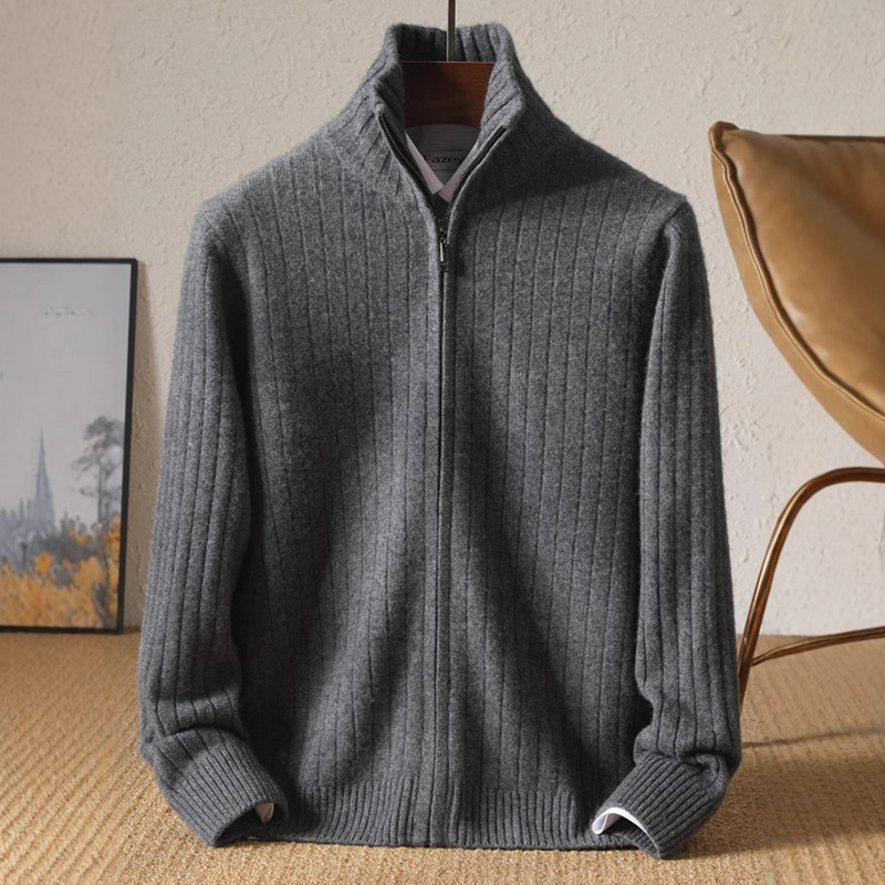 Australian 100% Pure Wool Sweater Men's Lapel Full Zipper Cardigan Knitted Thickeneded Jacket Autumn and Winter Sweater Outer Wear