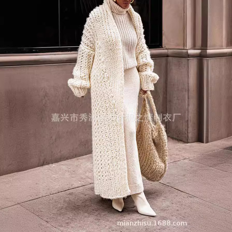 2023 autumn and winter European and American new sweater cardigan thick knitted loose large version long sweater coat Amazon women