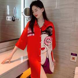 网红国风爆款冰丝性感睡衣女夏季宽松大码水墨画睡裙中长款家居服