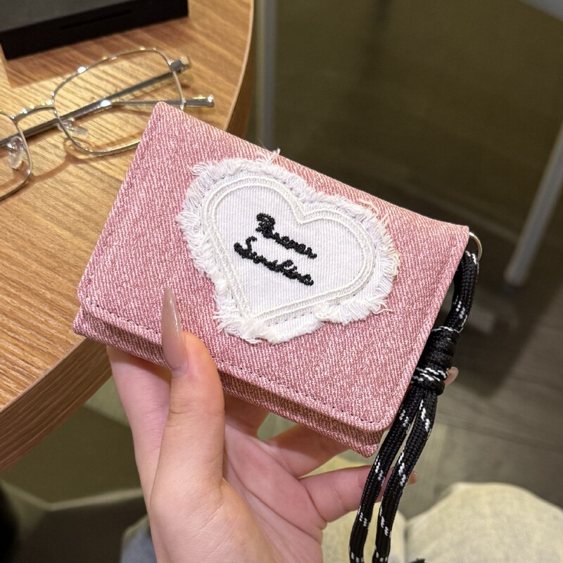 Denim Heart-Shaped Lanyard Wallet for Women, Ins-Style High-End Coin Purse, Multi-Card Slot Card Holder, Korean-Style Multifunctional Id Holder