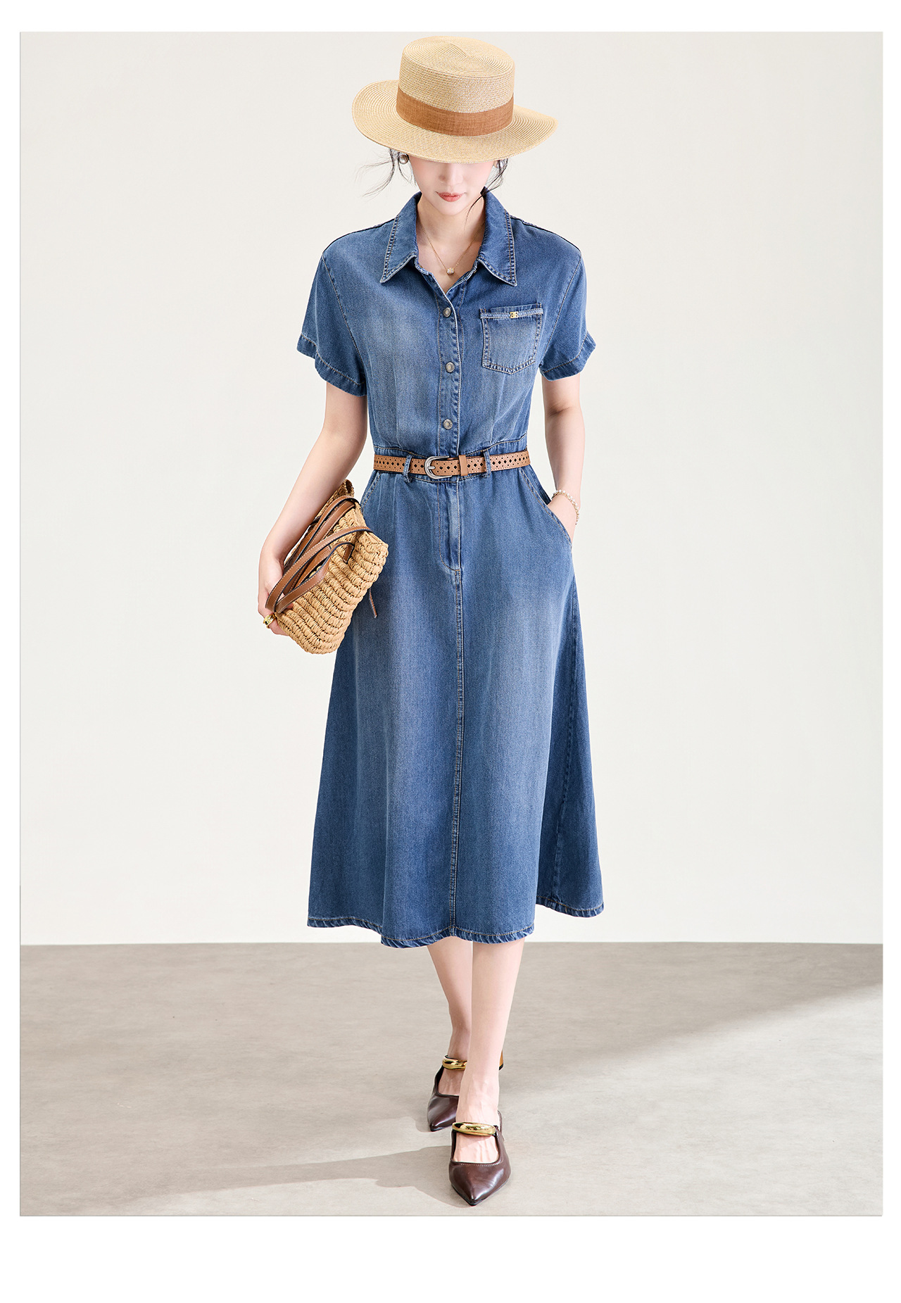 Váy denim nữ cạp cao dáng chữ A tay ngắn mùa hè — Cao bồi xanh chi tiết 11