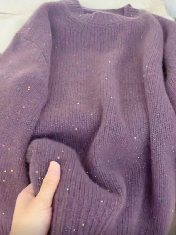 树莓色星空圆领毛衣女秋冬款软糯宽松设计感加厚内搭亮片针织上衣|undefined