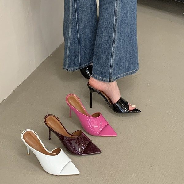 Sexy fish-mouth high-heeled sandals for women, 2026 new style, versatile pointed-toe design, patent leather, niche style, thin high-heeled slippers Sexy fish-mouth high-heeled sandals for women, 2026 new style, versatile pointed-toe design, patent leather, niche style, thin high-heeled slippers
