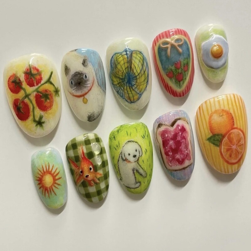 Cute Colorful Pastoral Almond Nails Wearable Nails Ins Puppy Nail Art Patches Childlike Colored Pencils Niche Art Korean Style