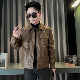 Autumn Young Men's Leather Jacket Men's Simple Versatile Lapel Leather Jacket Men's Slim Fit Handsome Trendy Jacket