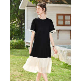 简约圆领连衣裙2025夏装新款女装时尚撞色拼接短袖中长款A字裙
