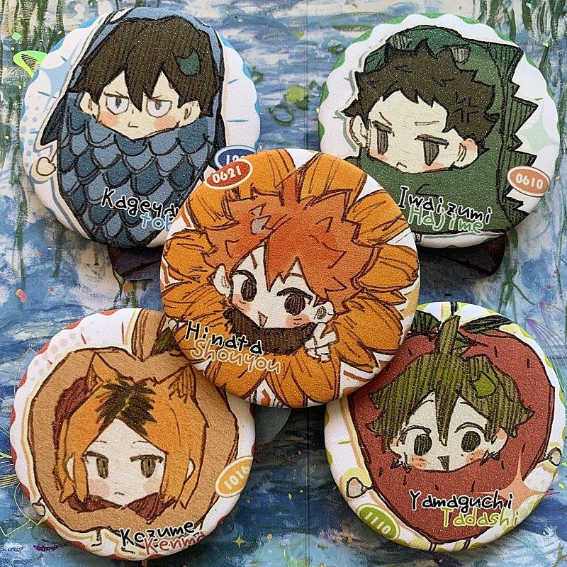 Haikyuu!! chibi cute merchandise brooches featuring Nishiya Yuumiya, Hinata Shoyo, and Seigan frosted badges.