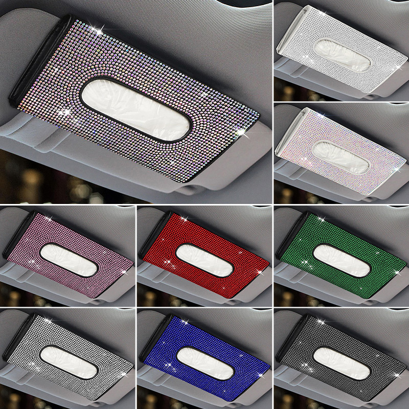Car Sun Visor Tissue Box Leather Seat Back Diamond Tissue Holder Creative Fashion Women's Rhinestone Car Tissue Box