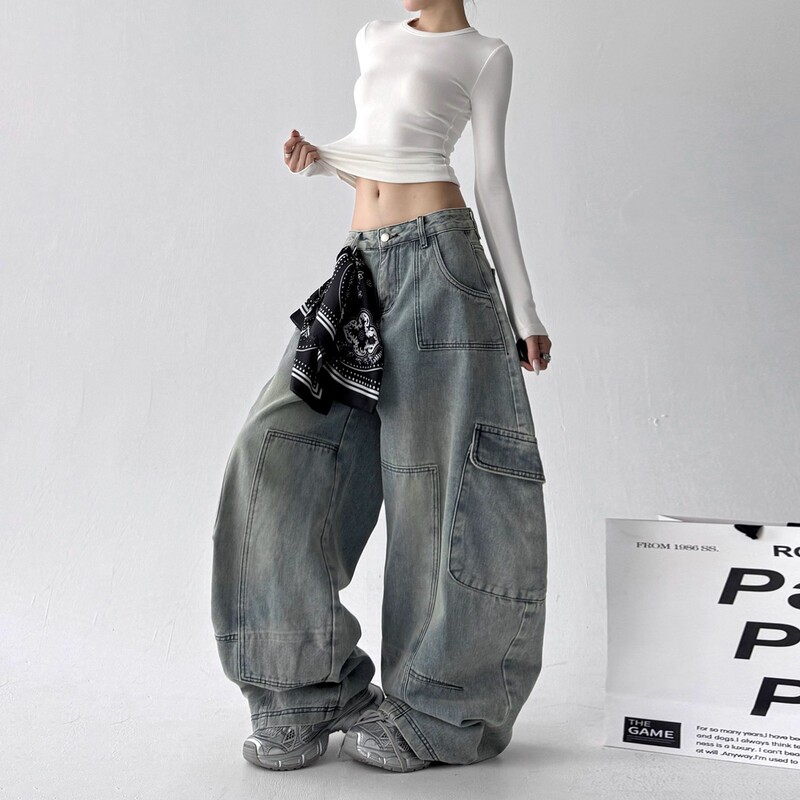 [Free Square Scarf] Street Hip-Hop Washed Jeans Women's Autumn Wide-Leg Pants High-Waist Jazz Dance Pants Scimitar Pants