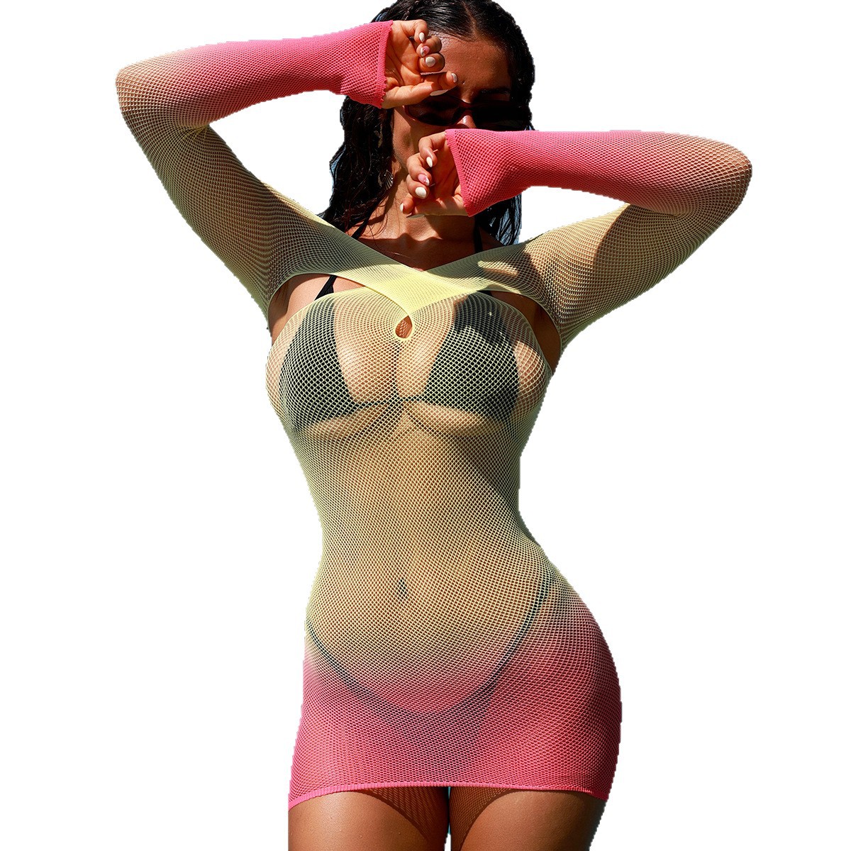 Vestido Body de Malla Manga Larga Ajustado 260104 Nylon Degradado para Playa image 6