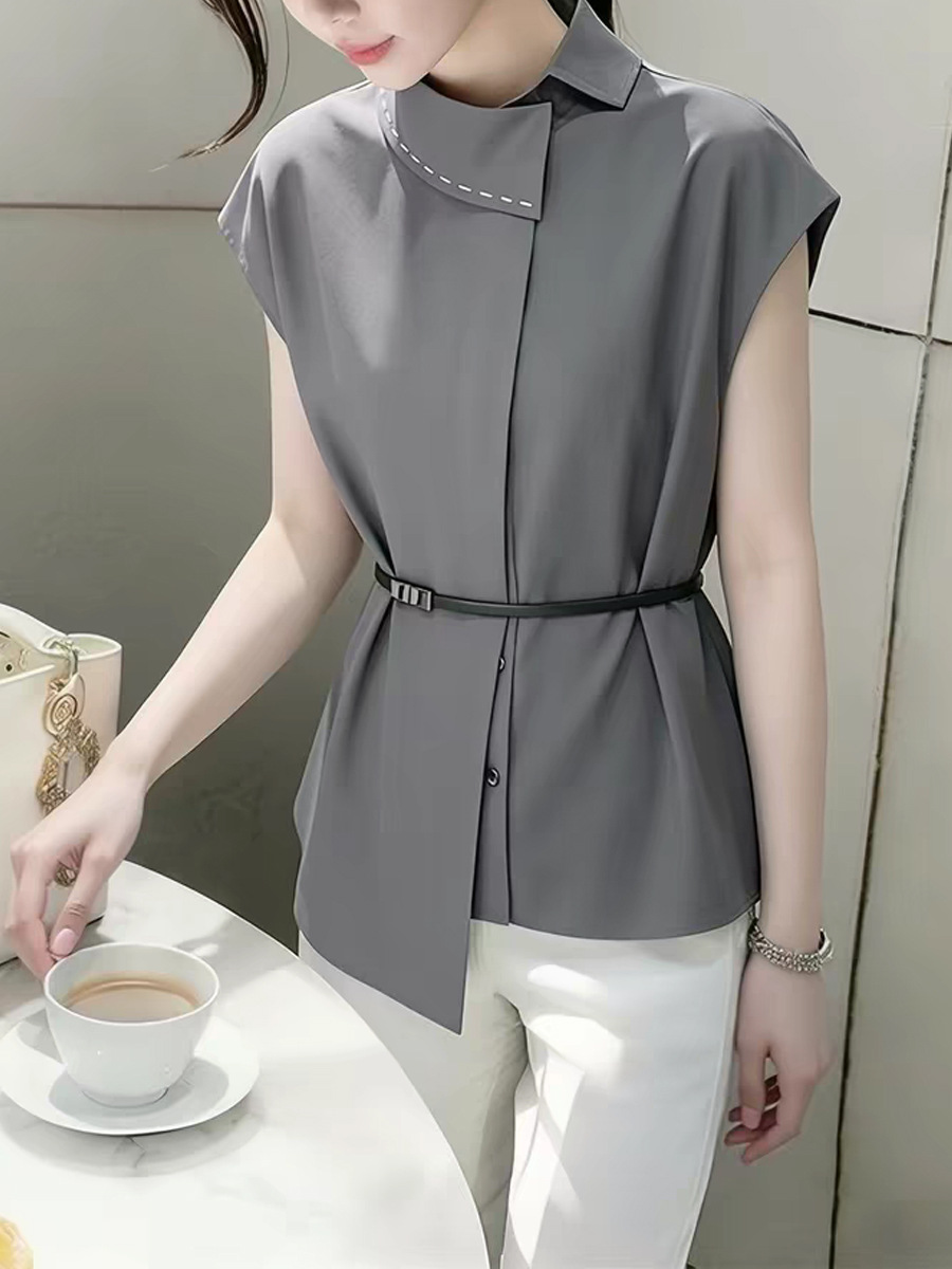 Áo sơ mi nữ dài tay phong cách Pháp, thiết kế bấm eo nhẹ nhàng — màu đen, Màu caramel, màu xám