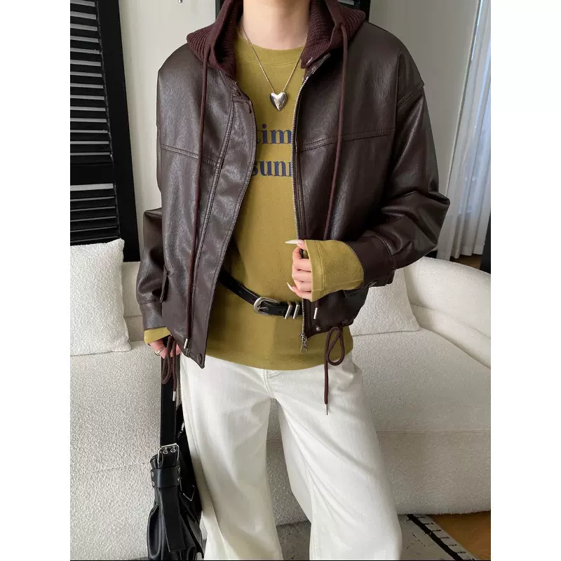 司南 美式街头感 可脱卸针织连帽PU皮加绒保暖皮衣外套 SN8486