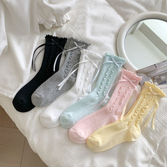 甜美蝴蝶結木耳邊襪子女春夏款中筒襪日系純色百搭少女風jk堆堆襪