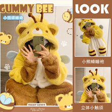 可爱小蜜蜂睡衣睡袍加厚保暖法兰绒珊瑚绒冬季学生家居服睡裙套装