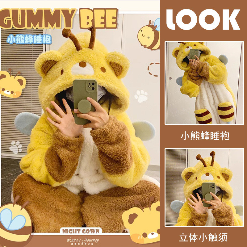 可爱小蜜蜂睡衣睡袍加厚保暖法兰绒珊瑚绒冬季学生家居服睡裙套装